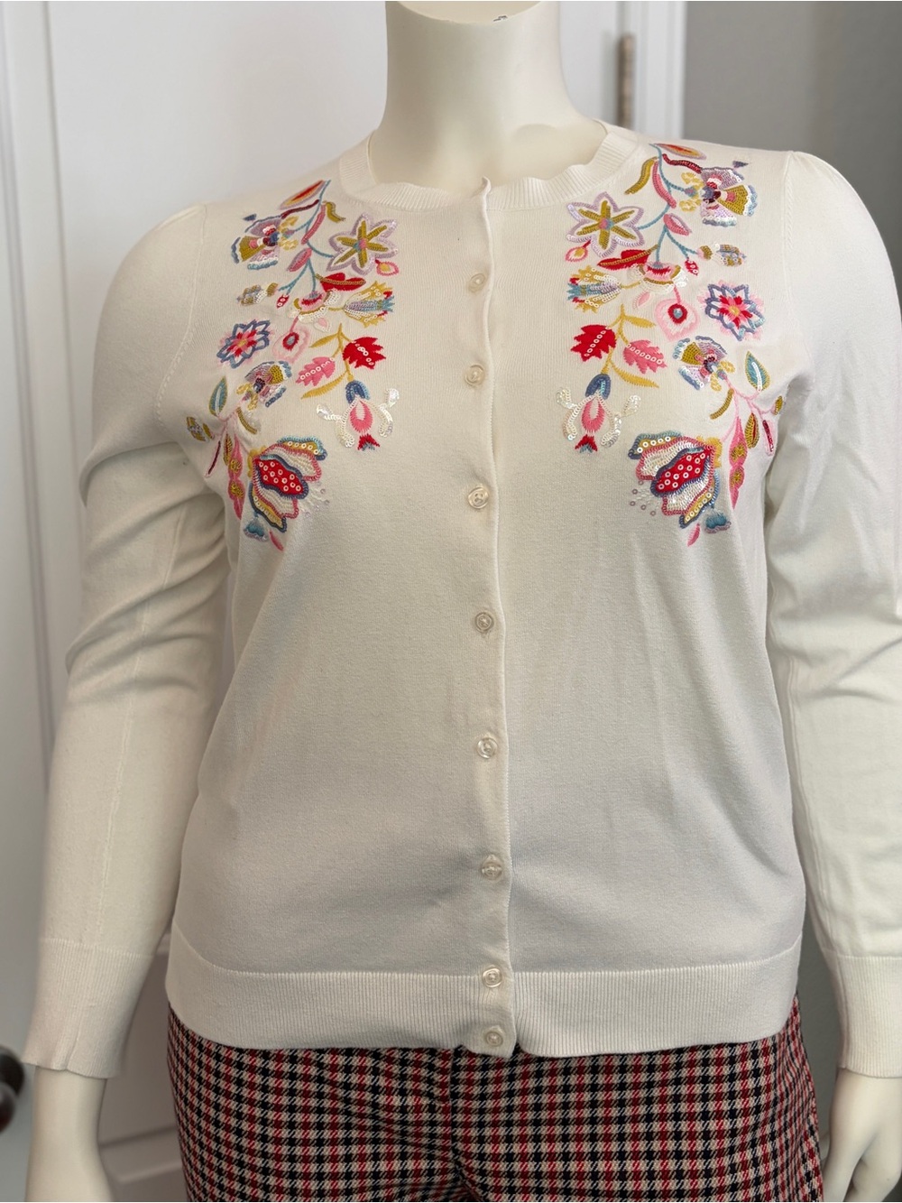 Boden Cream Embroidered Floral Sequin Cardigan Cotton Blend US 14
